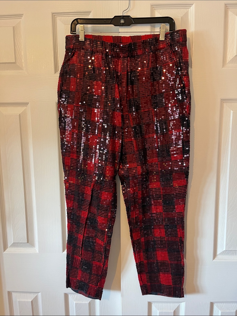 NWT J. Crew Red & Black Sequin Plaid Straight-Leg Pants Size 12